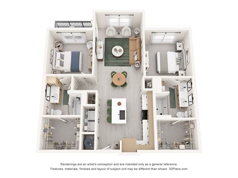 Floor plan for 2 beds, 2 baths, 1117 sqft